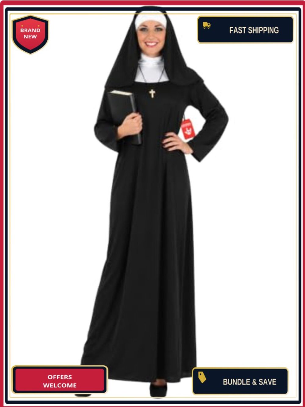 Nun Costume Women Long Dress Headpiece Necklace Halloween
